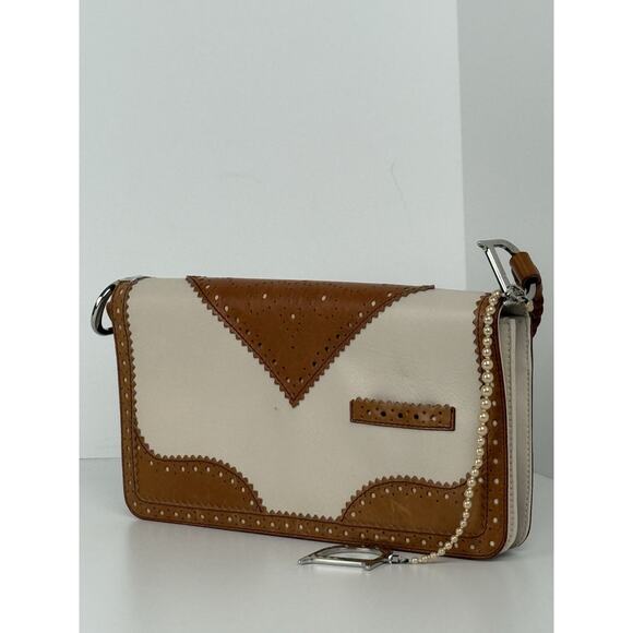 Dior Tan/Off White Brogue Leather Faux Pearl D’Trick Baguette Bag - Picture 1 of 14